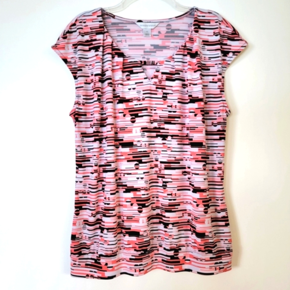 Gorgeous XL Jersey Knit Cap-Sleeve Blouson Shell Blouse Top Coral White Black